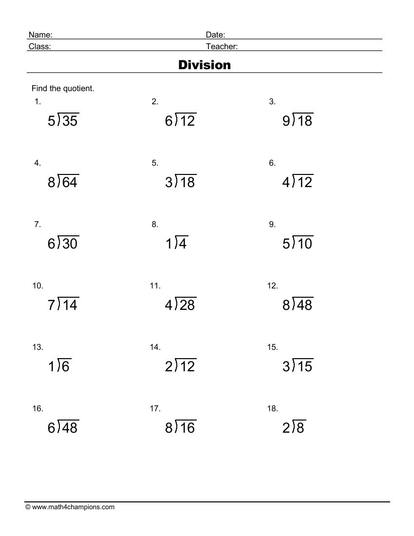 Printable Division Worksheets for Teachers | Math Champions