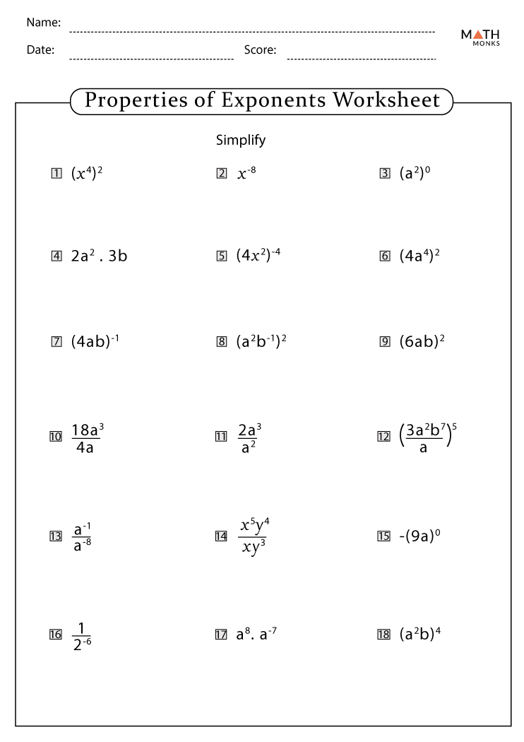 Exponents Worksheets with Answer Key