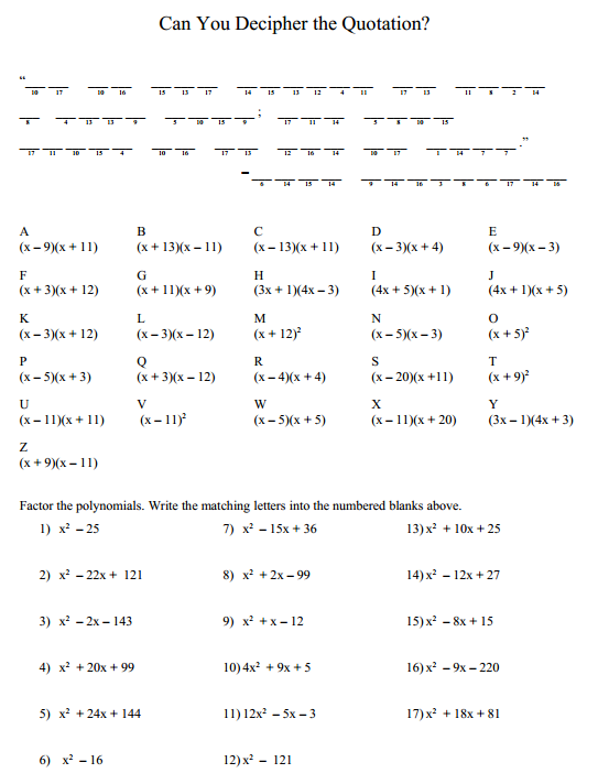 Puzzle: Factoring Trinomials - Denise Gaskins Lets Play Math