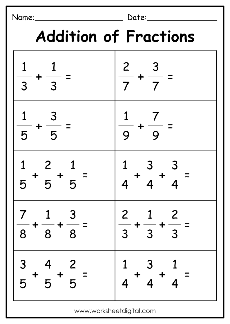Addition of Fractions Grade 4 - Worksheet Digital