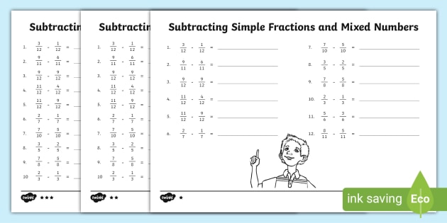 Subtracting Simple Fractions Worksheet (teacher made)