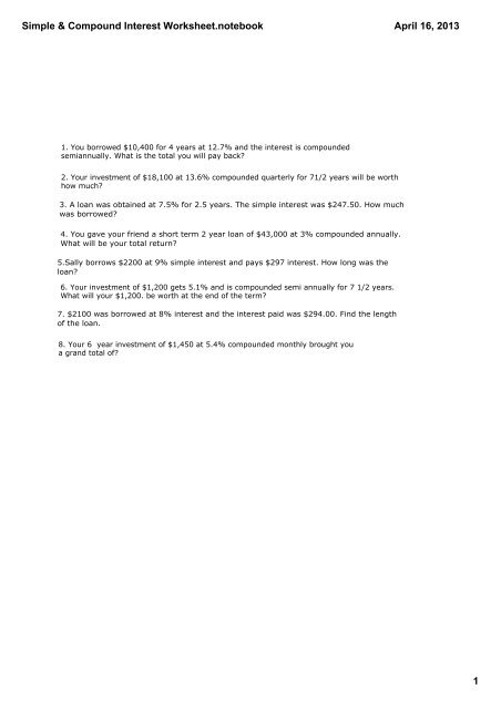Simple &   Compound Interest Worksheet.notebook - Grade 10 Math