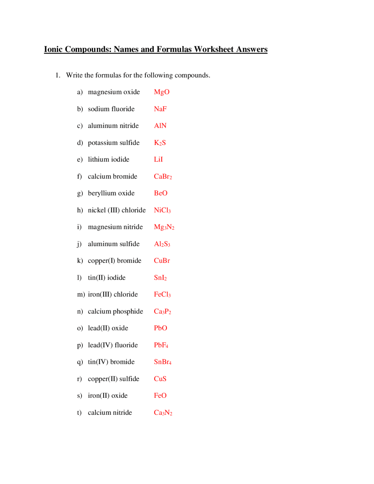 Ionic Compounds: Names and Formulas Worksheet Answers | Exercises ...
