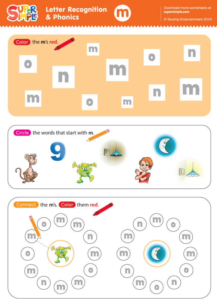 Letter Recognition &  Phonics Worksheet - m (lowercase) - Super Simple