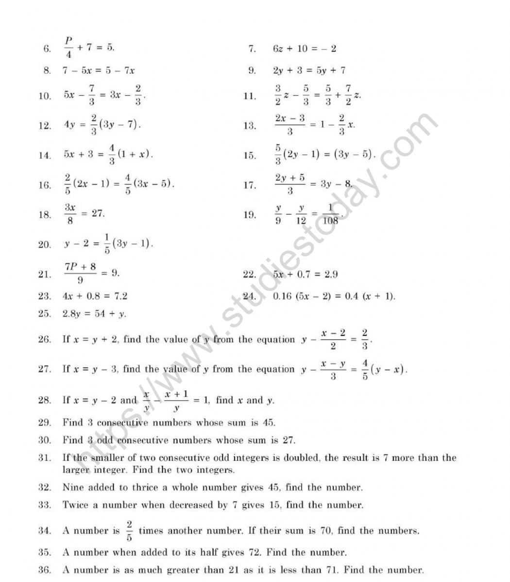 CBSE Class 7 Mental Maths Simple Equations Worksheet - Worksheets Library