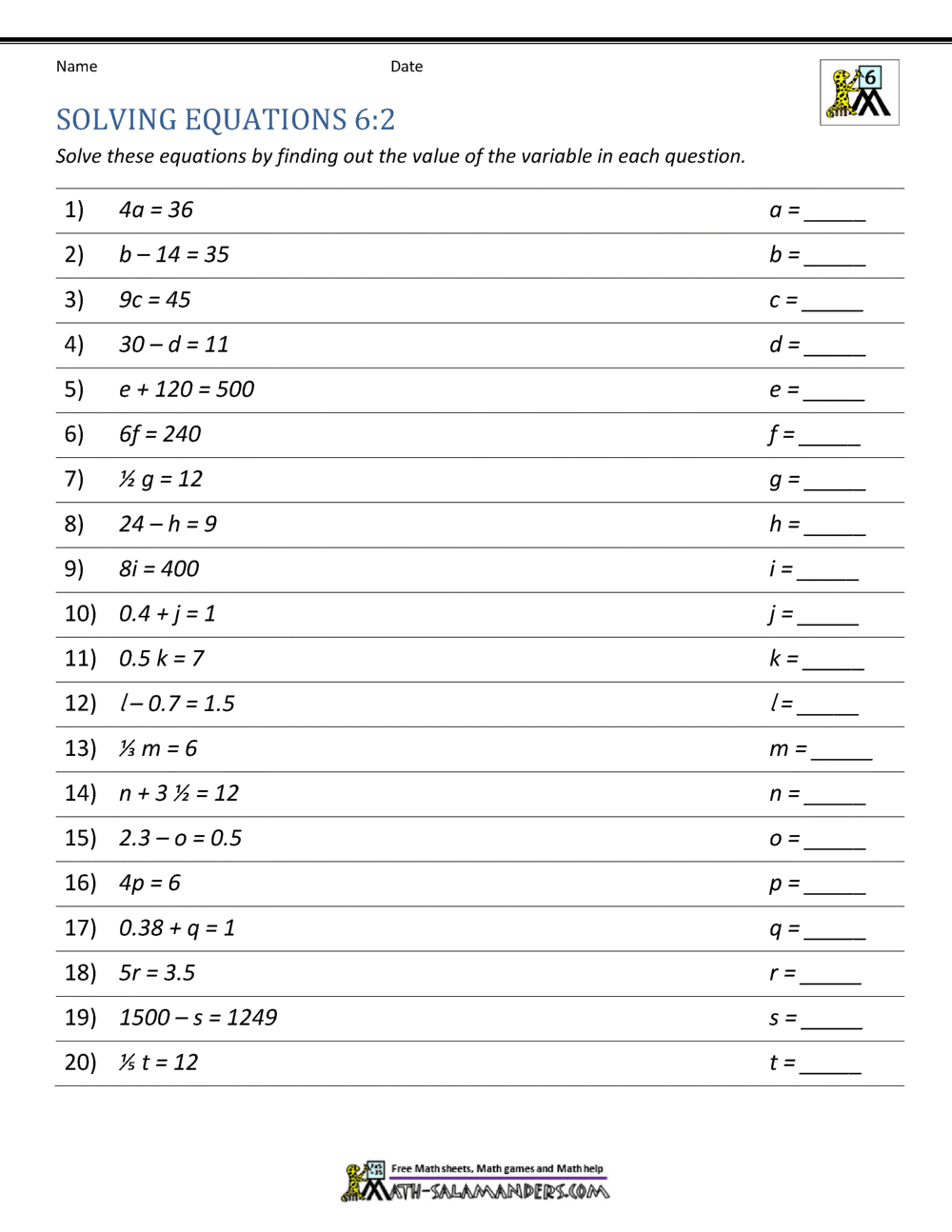 Expressions and Equations 6th Grade