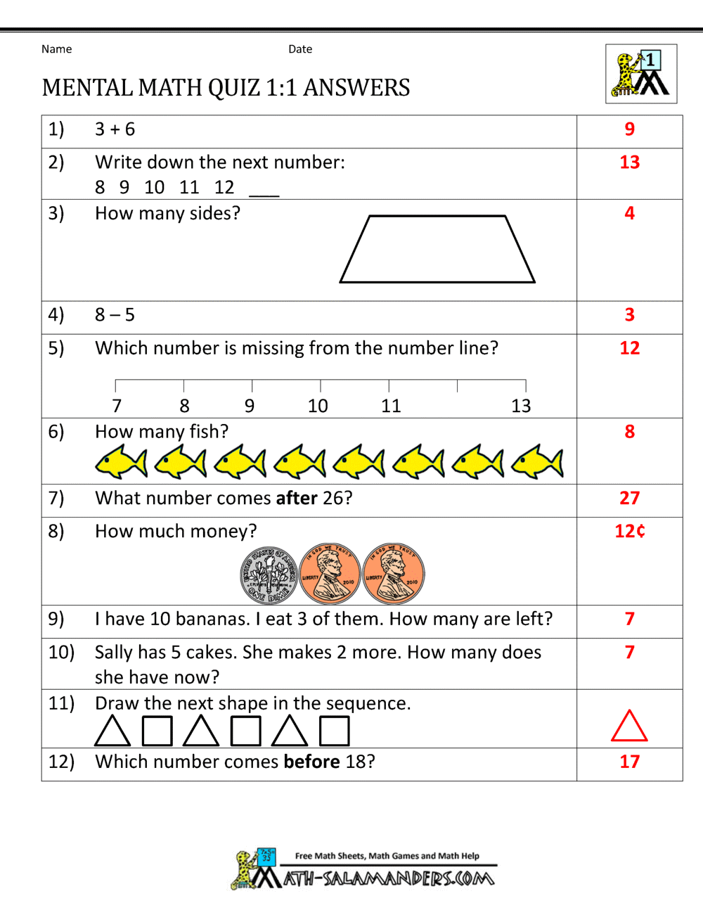 First Grade Mental Math Worksheets