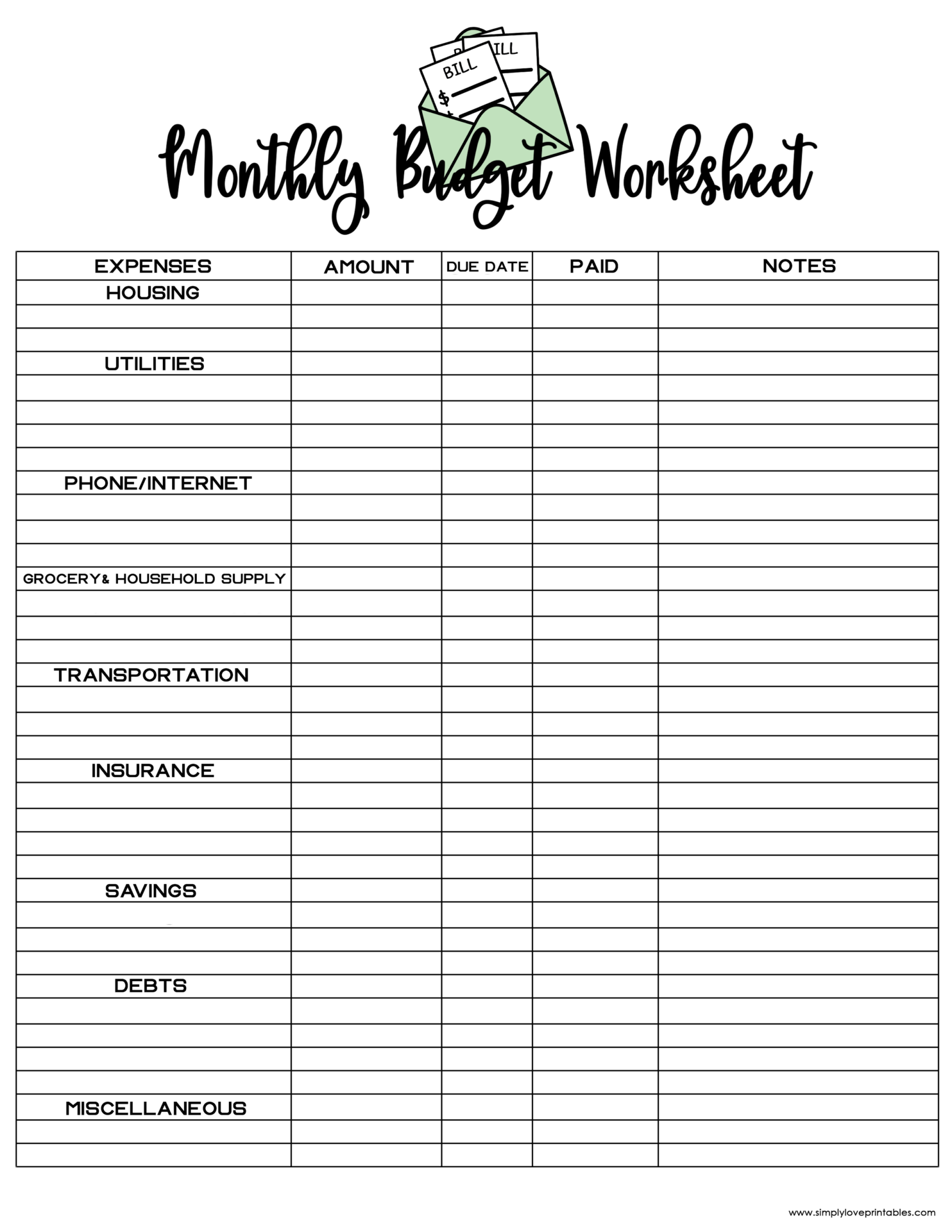 simple monthly expense worksheet