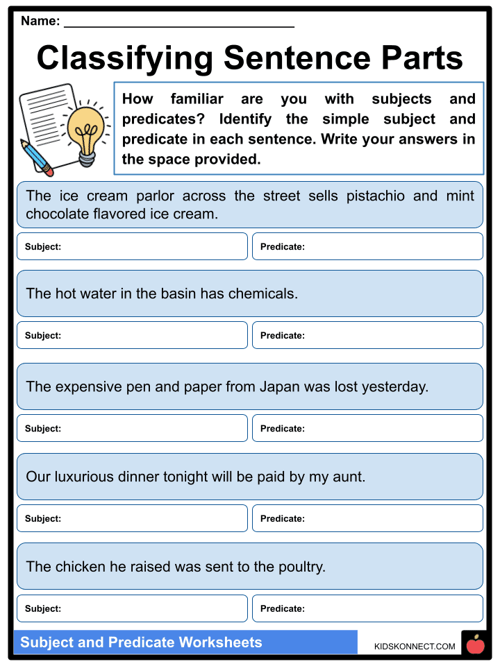 Subject and Predicate Examples and Worksheets | KidsKonnect