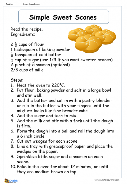 Simple Sweet Scones Reading Comprehension Worksheet - English ...