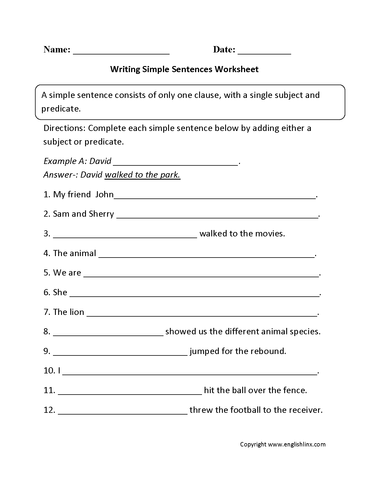 Simple Sentences Worksheets | Writing Simple Sentences Worksheet