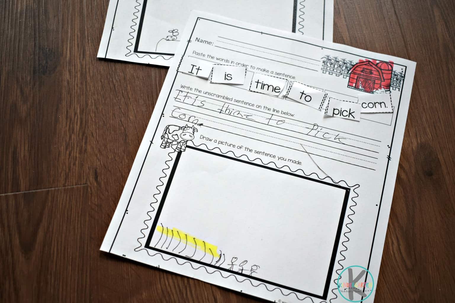 ? Farm Cut-and-Paste Simple Sentences for Kindergarten Worksheet