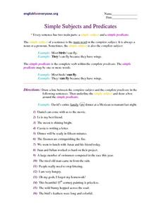 Simple Subjects and Predicates Worksheet for 7th - 8th Grade ...