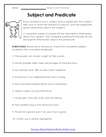 simple subject predicate worksheet