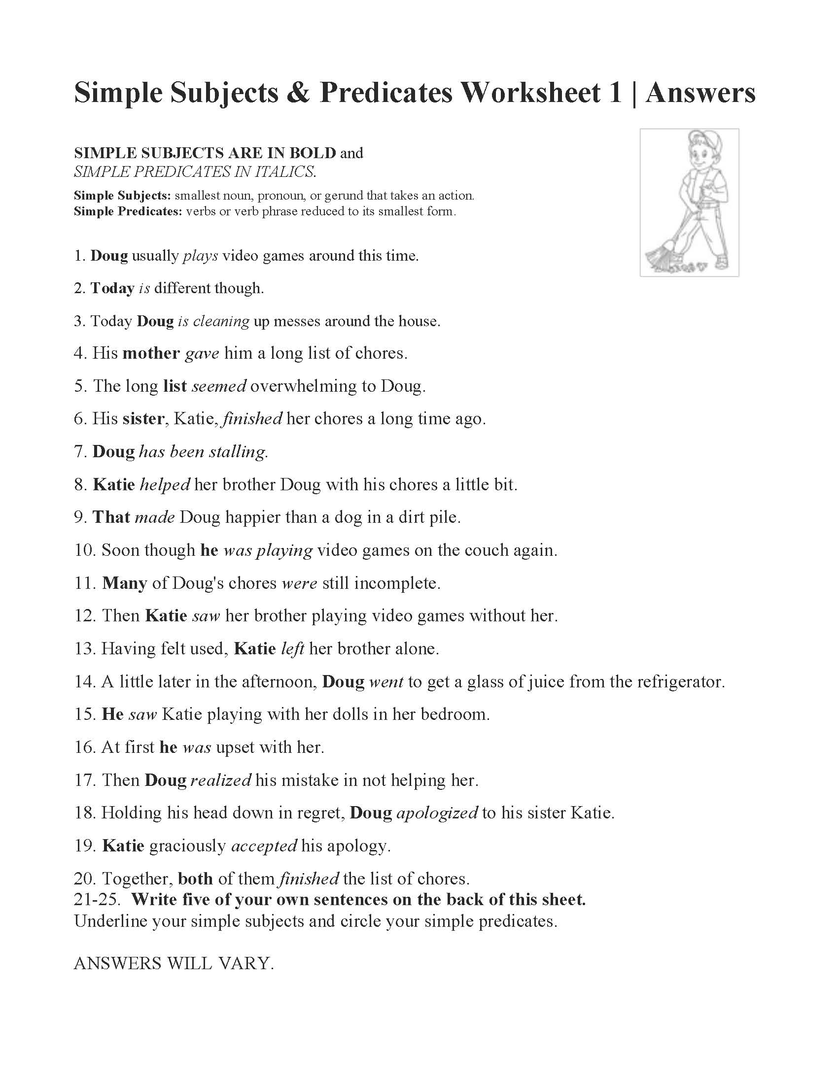 Simple Subjects and Predicates Worksheet 1 | Answers