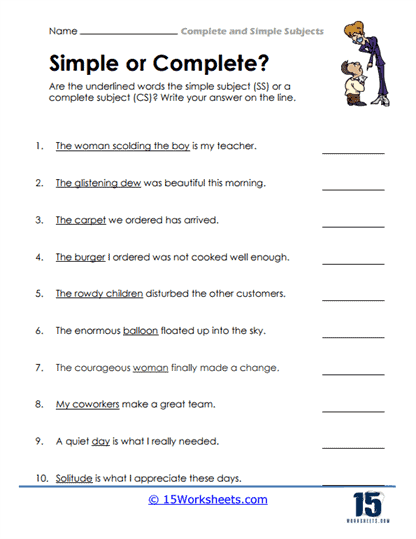 Complete and Simple Subjects Worksheets - 15 Worksheets Library