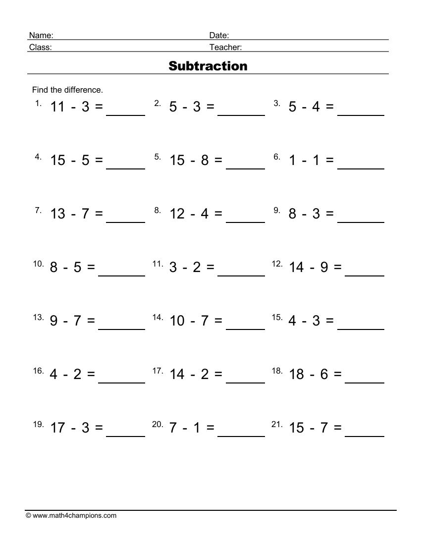 Subtraction Math Worksheets pdf printable | Math Champions