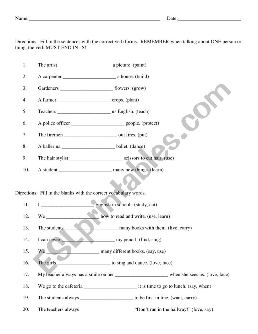 simple verb tense worksheet