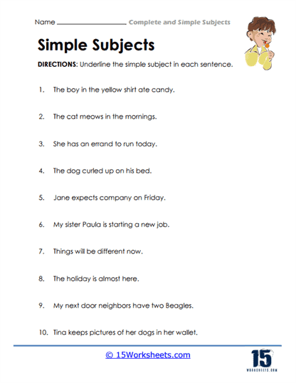 Complete and Simple Subjects Worksheets - 15 Worksheets Library
