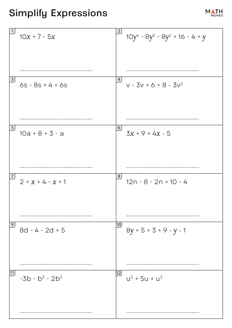 Simplifying Expressions Worksheets - Math Monks - Worksheets Library