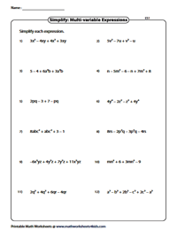 Simplifying Algebraic Expression Worksheets