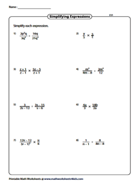 Simplifying Algebraic Expression Worksheets