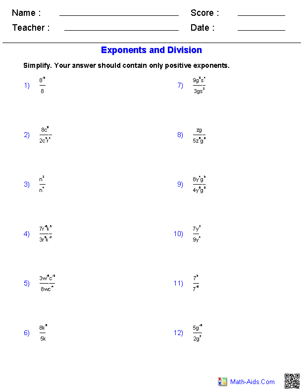 Algebra 1 Worksheets | Exponents Worksheets