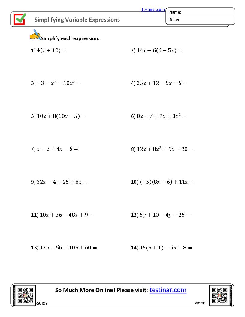 Simplifying Variable Expressions worksheets