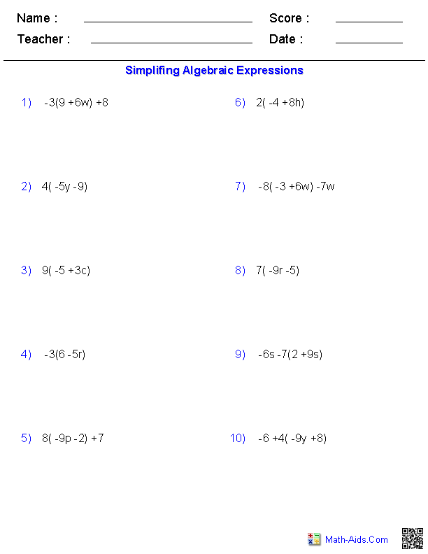 simplify expression worksheet