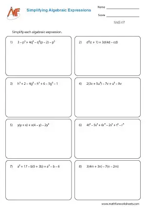 Simplifying Algebraic Expressions - Math Fun Worksheets - Worksheets ...
