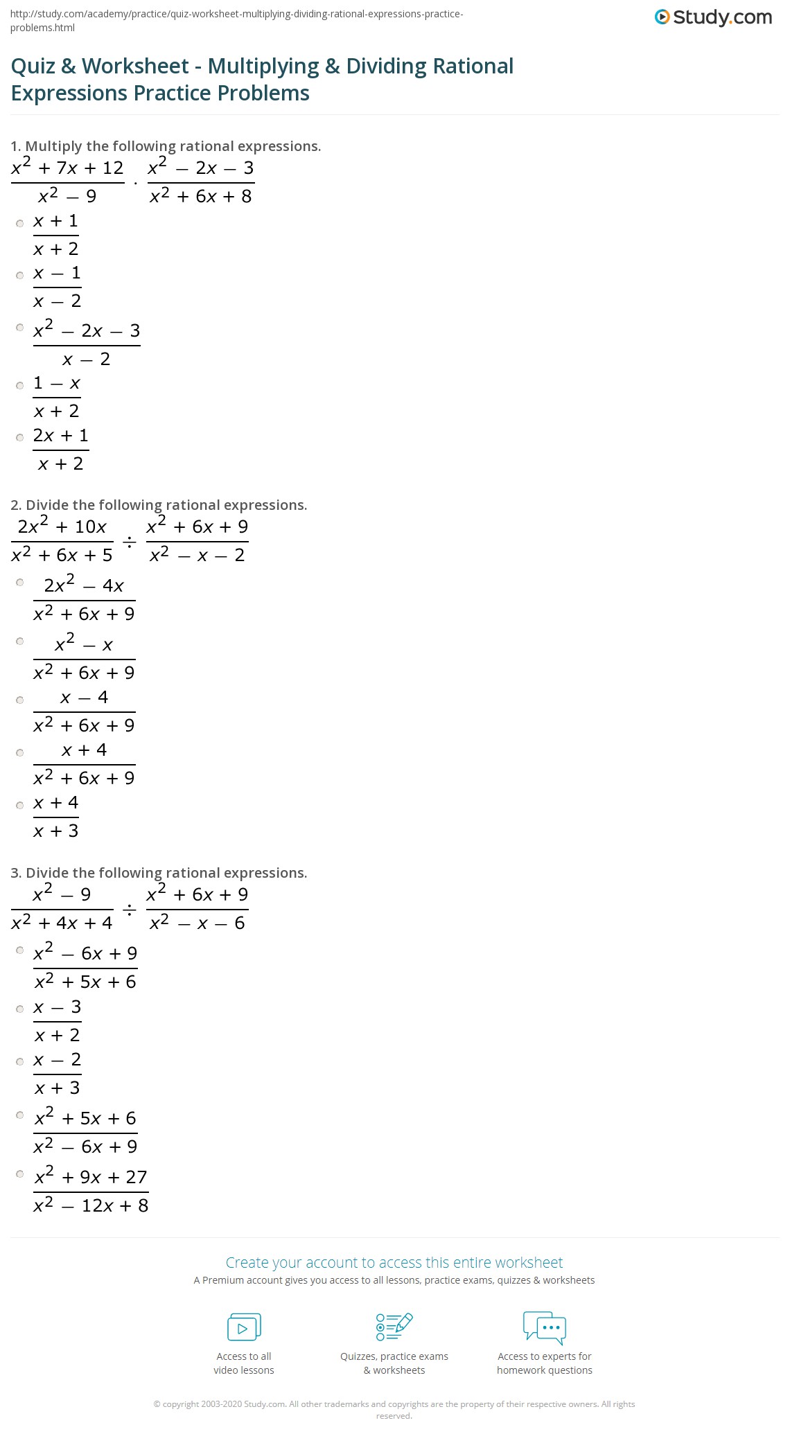 Quiz &  Worksheet - Multiplying &  Dividing Rational Expressions ...
