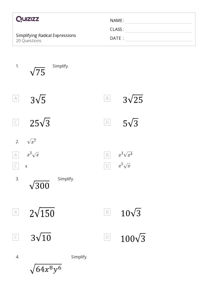 simplify radical worksheet