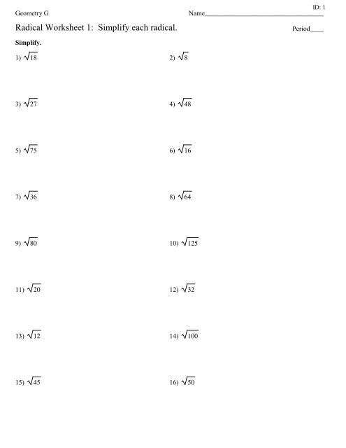 simplify radical worksheet