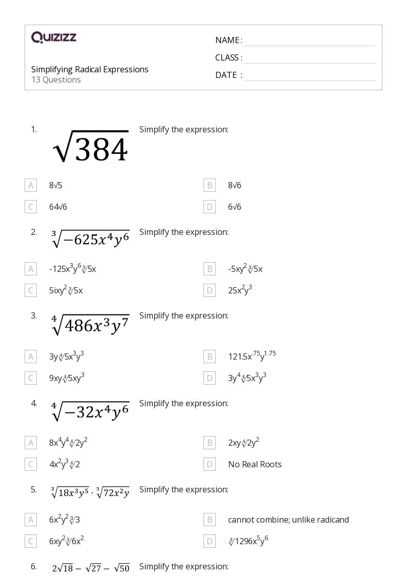 simplify radical worksheet