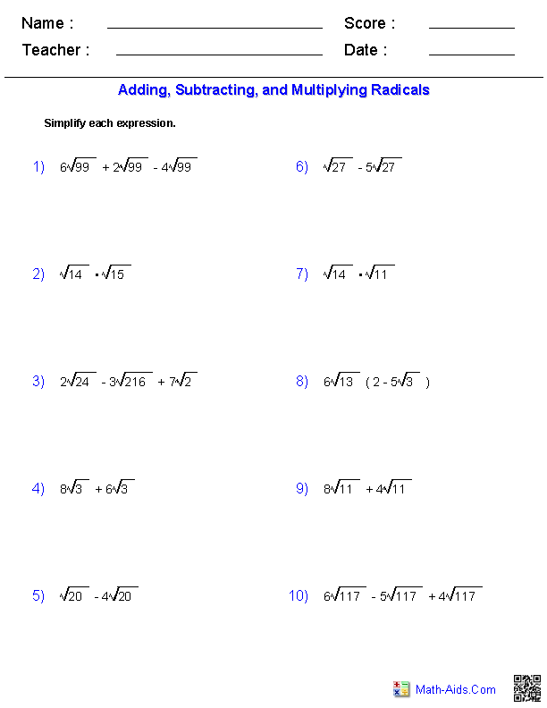 simplify radical worksheet