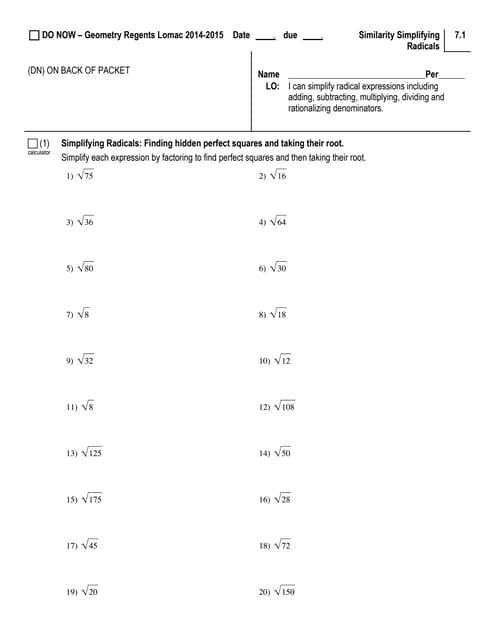 Simplifying Radicals exercises to practice | PDF