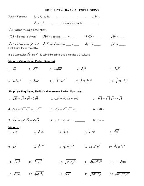 simplify radicals worksheet answers