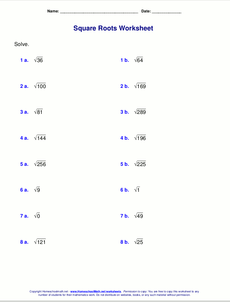 Free square root worksheets (PDF and html)