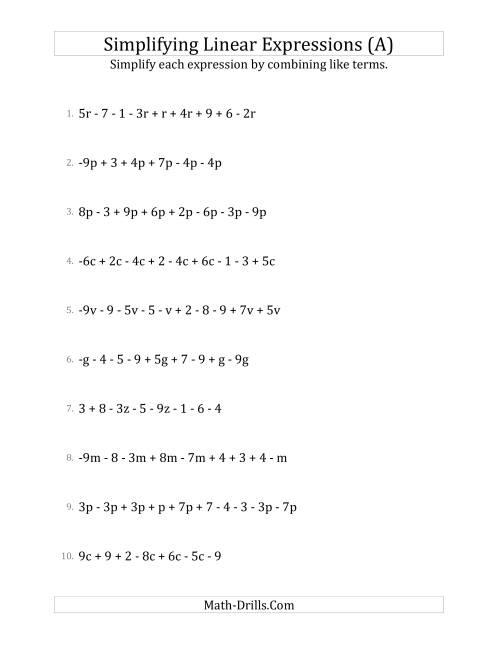 Simplifying Linear Expressions with 6 to 10 Terms (A)