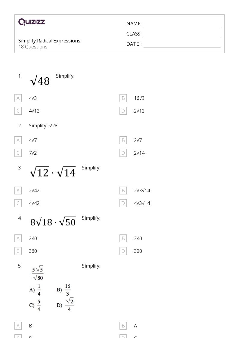 50+ Radical Expressions worksheets on Quizizz | Free &  Printable