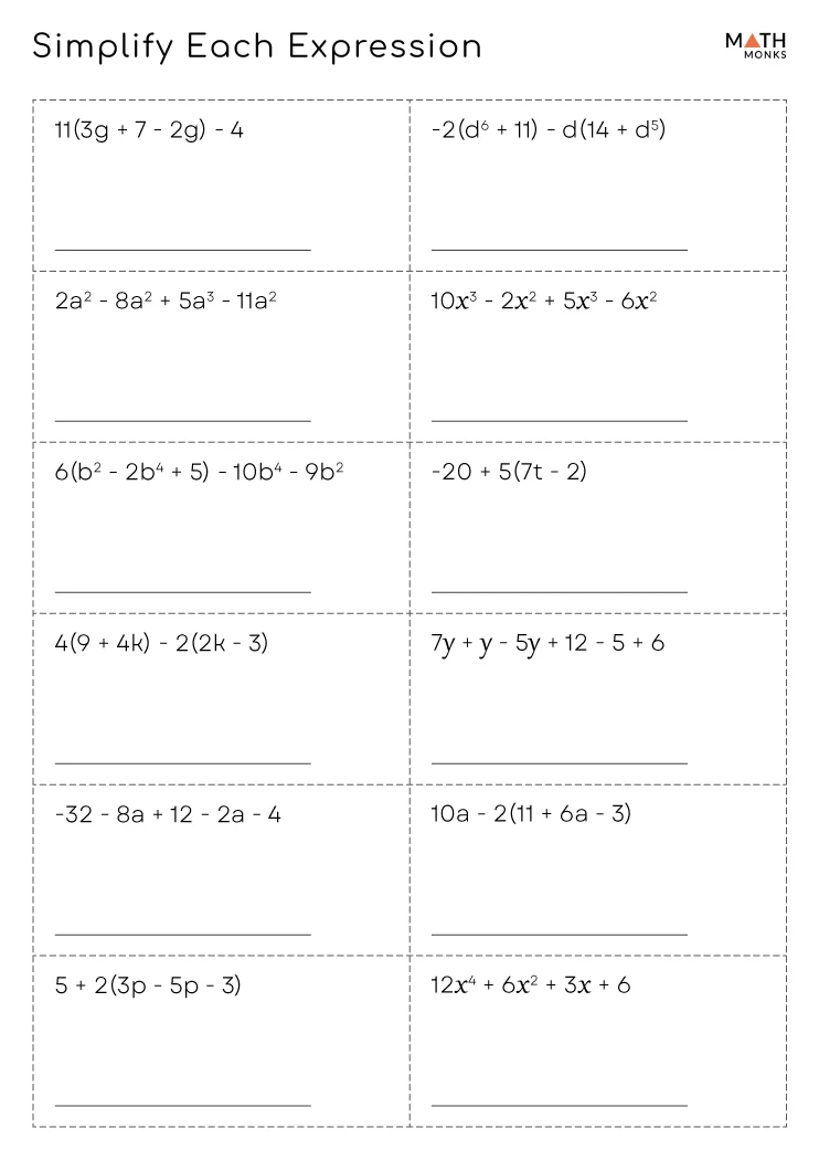 Simplifying Expressions Worksheets - Math Monks