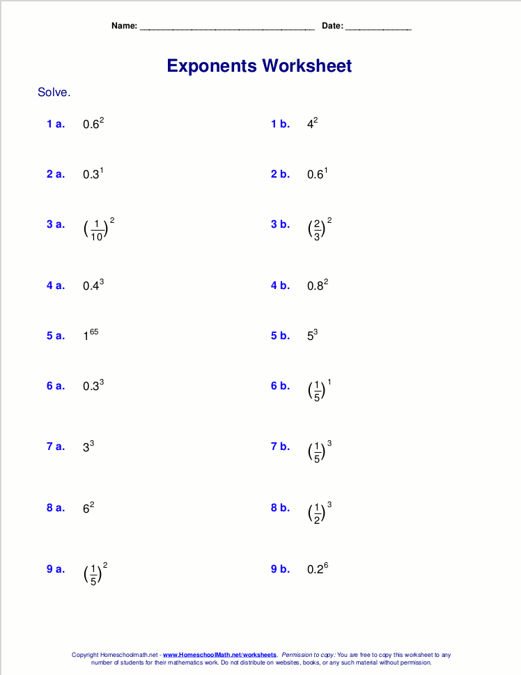 Free exponents worksheets