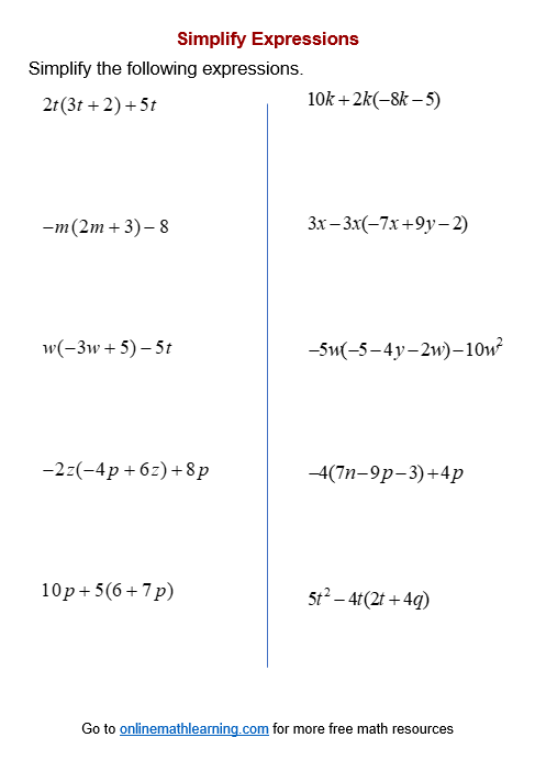 Simplify Expression Worksheets (printable, online, answers, examples)