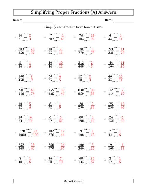 Simplifying Proper Fractions to Lowest Terms (Harder Questions) (A)