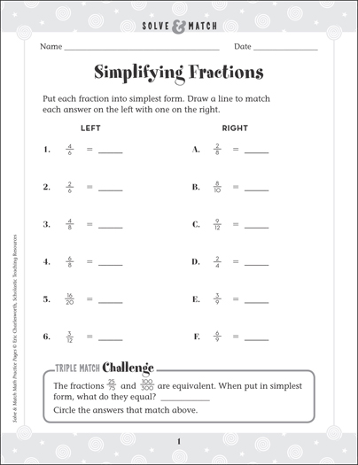 Simplifying Fractions: Solve &  Match Math | Printable Skills Sheets
