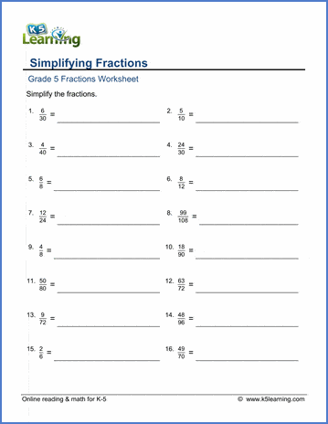 simplifying fractions worksheet 5th grade