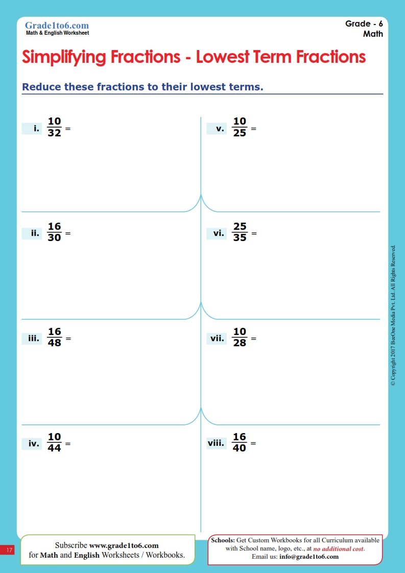 simplifying fractions worksheet grade 6