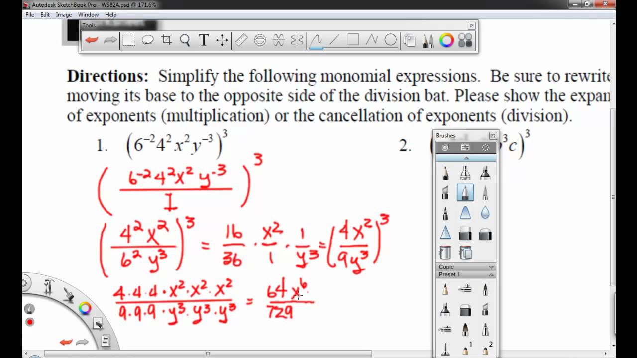 Worksheet 8.2A - Simplifying Monomials with Negative Exponents