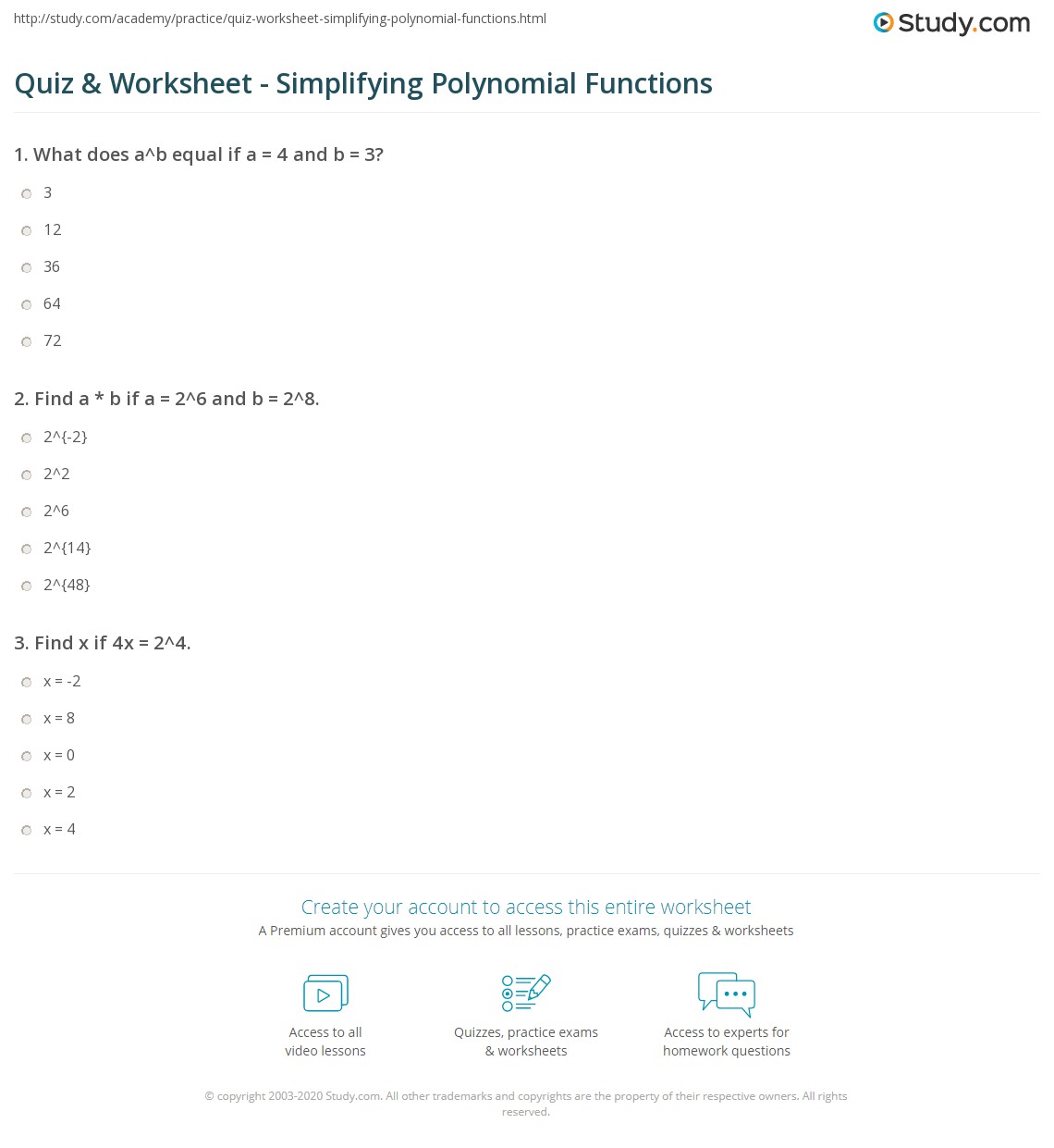 Quiz &  Worksheet - Simplifying Polynomial Functions | Study.com