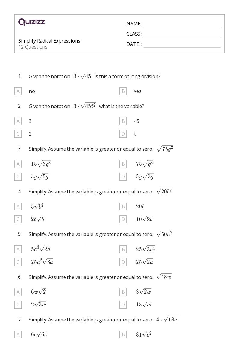 50+ Radical Expressions worksheets on Quizizz | Free &  Printable